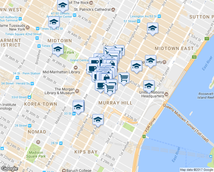 map of restaurants, bars, coffee shops, grocery stores, and more near in New York