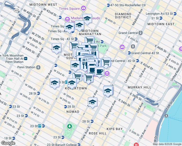 map of restaurants, bars, coffee shops, grocery stores, and more near 15 West 36th Street in New York