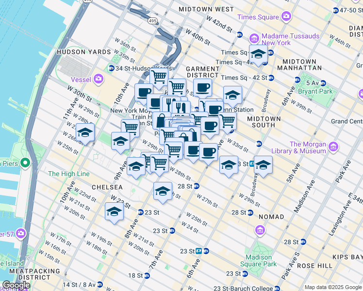 map of restaurants, bars, coffee shops, grocery stores, and more near 383 West 31st Street in New York