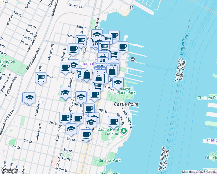 map of restaurants, bars, coffee shops, grocery stores, and more near 1117 Washington Street in Hoboken
