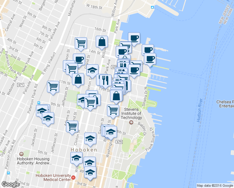 map of restaurants, bars, coffee shops, grocery stores, and more near 1100 Washington Street in Hoboken