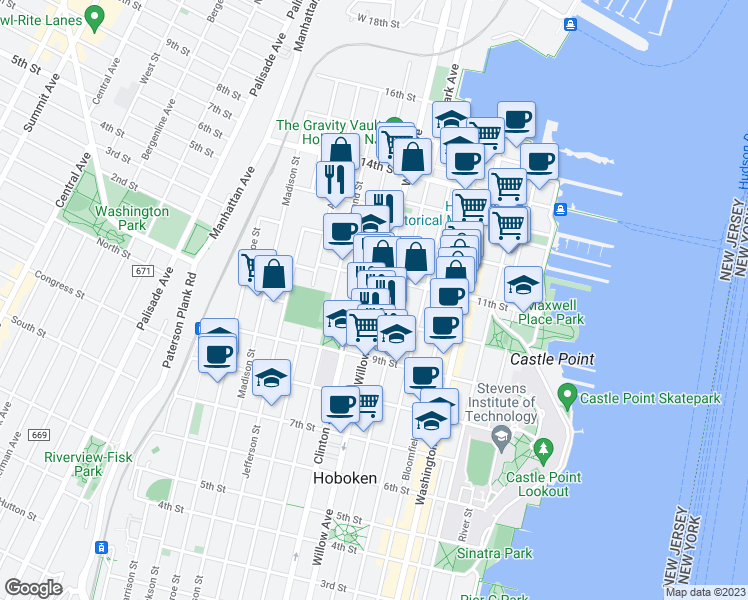 map of restaurants, bars, coffee shops, grocery stores, and more near 315 11th Street in Hoboken