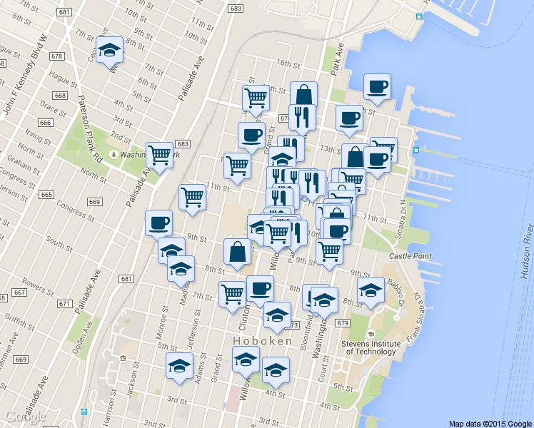 map of restaurants, bars, coffee shops, grocery stores, and more near 1035 Grand Street in Hoboken