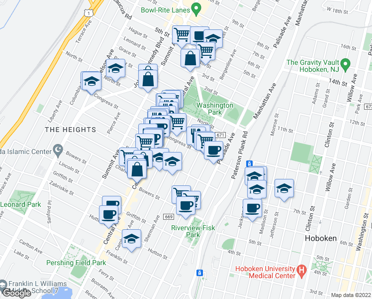 map of restaurants, bars, coffee shops, grocery stores, and more near 231 County Road 667 in Jersey City