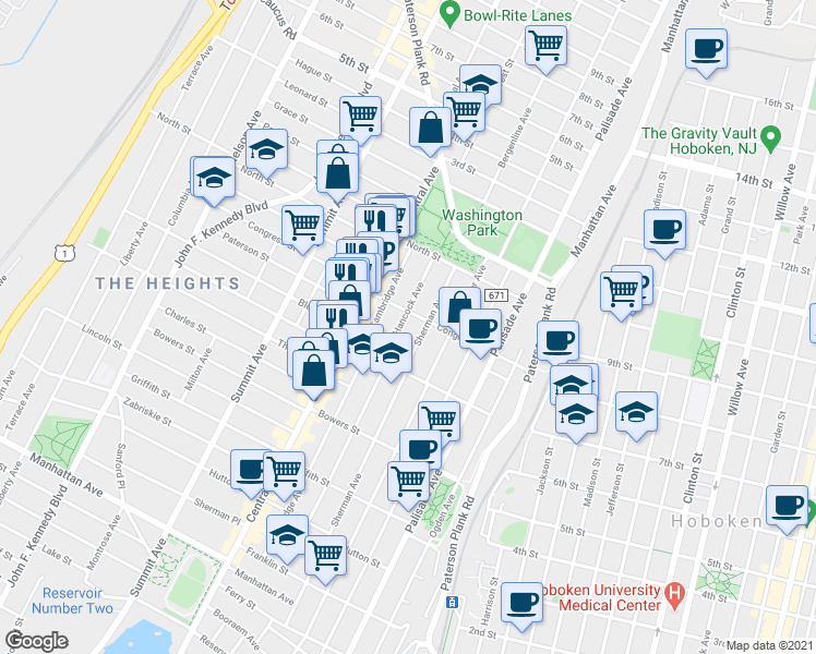map of restaurants, bars, coffee shops, grocery stores, and more near 231 County Road 667 in Jersey City