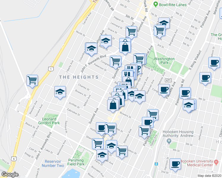 map of restaurants, bars, coffee shops, grocery stores, and more near 47 Bleecker Street in Jersey City