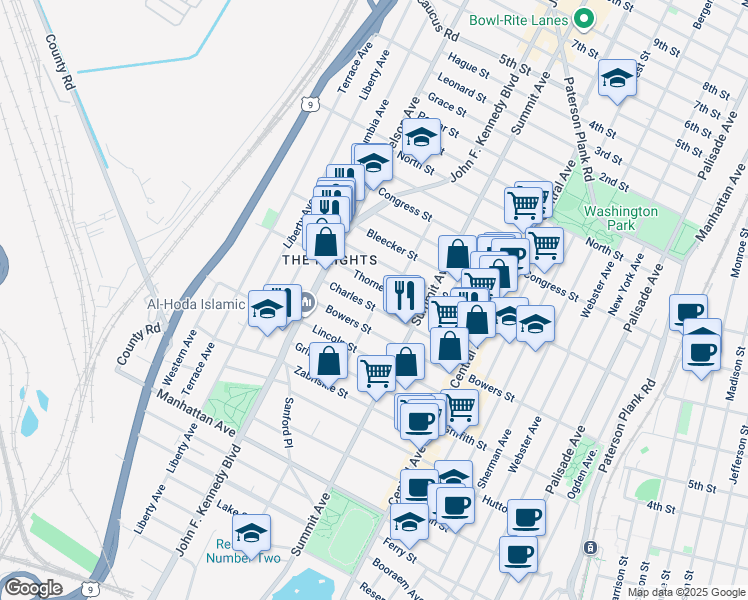 map of restaurants, bars, coffee shops, grocery stores, and more near 106 Thorne Street in Jersey City