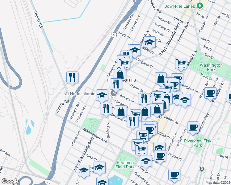 map of restaurants, bars, coffee shops, grocery stores, and more near 76 Columbia Avenue in Jersey City
