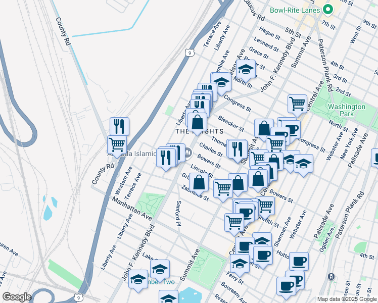 map of restaurants, bars, coffee shops, grocery stores, and more near 76 Columbia Avenue in Jersey City