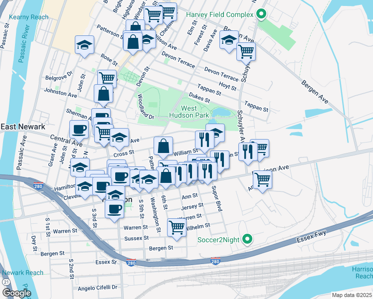 map of restaurants, bars, coffee shops, grocery stores, and more near 550 Cross Street in Harrison