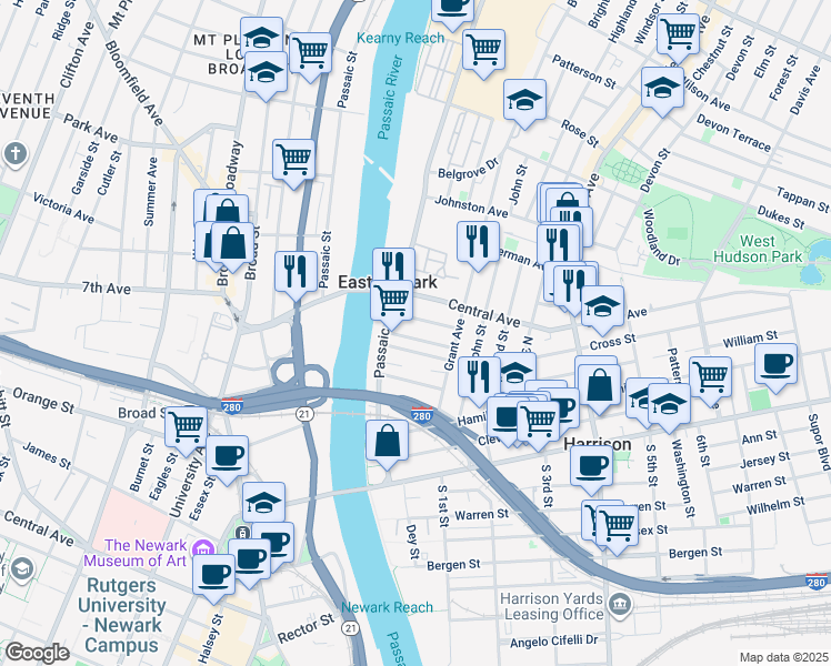 map of restaurants, bars, coffee shops, grocery stores, and more near 18 President Street in East Newark