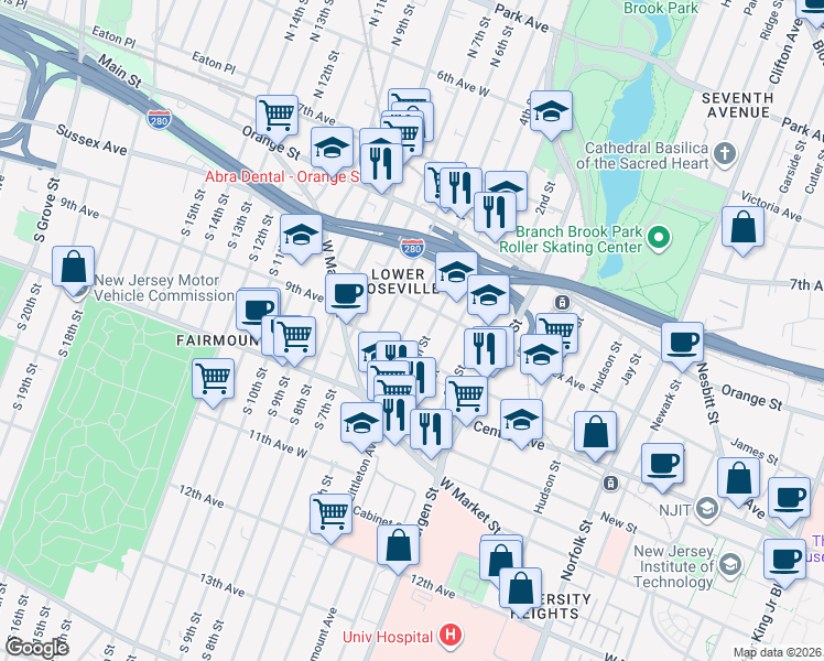 map of restaurants, bars, coffee shops, grocery stores, and more near 63 North 6th Street in Newark