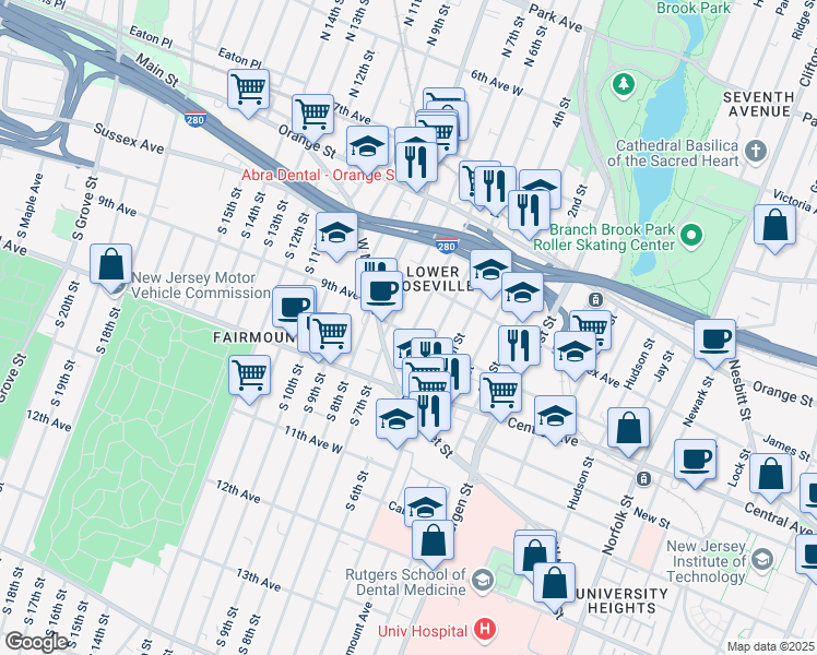 map of restaurants, bars, coffee shops, grocery stores, and more near 26 North 7th Street in Newark
