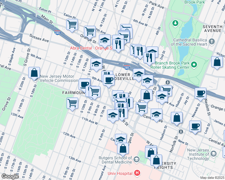 map of restaurants, bars, coffee shops, grocery stores, and more near 26 North 7th Street in Newark