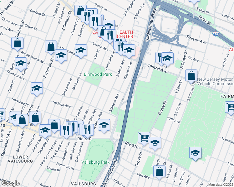 map of restaurants, bars, coffee shops, grocery stores, and more near 91 Watson Avenue in East Orange