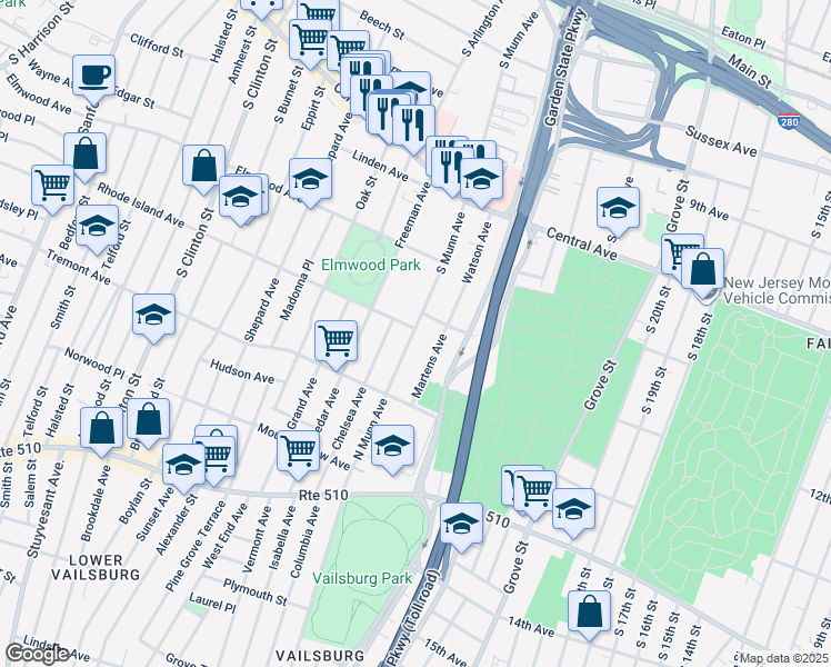 map of restaurants, bars, coffee shops, grocery stores, and more near 151 South Munn Avenue in East Orange