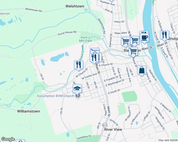 map of restaurants, bars, coffee shops, grocery stores, and more near 318 West Church Street in Slatington