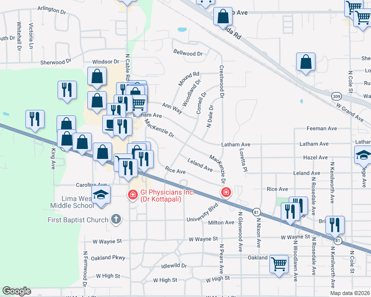 map of restaurants, bars, coffee shops, grocery stores, and more near 810 MacKenzie Dr in Lima
