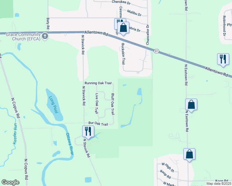 map of restaurants, bars, coffee shops, grocery stores, and more near 967 Bluff Oak Trail in Elida