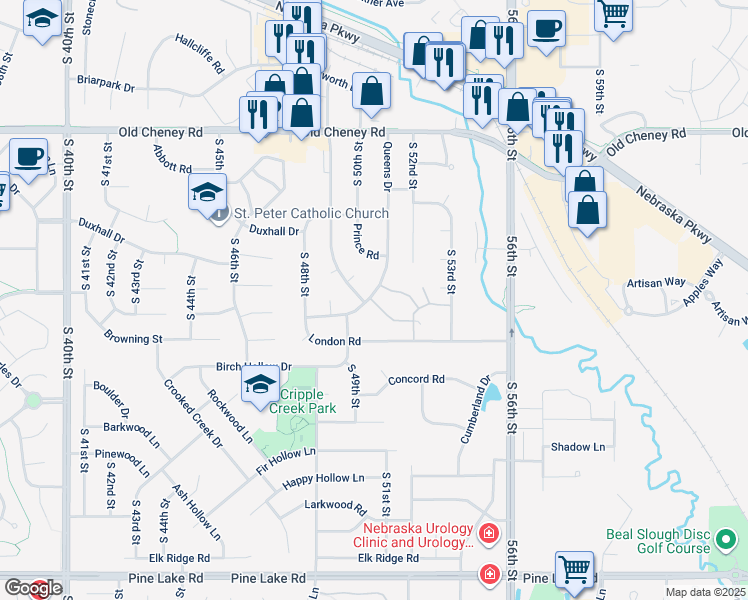 map of restaurants, bars, coffee shops, grocery stores, and more near 6140 Queens Drive in Lincoln