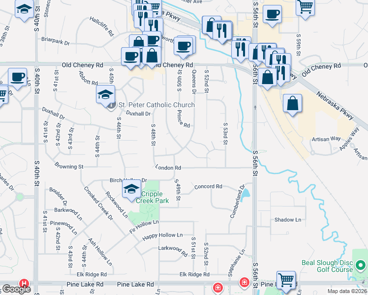 map of restaurants, bars, coffee shops, grocery stores, and more near 6200 Princess Margaret Drive in Lincoln