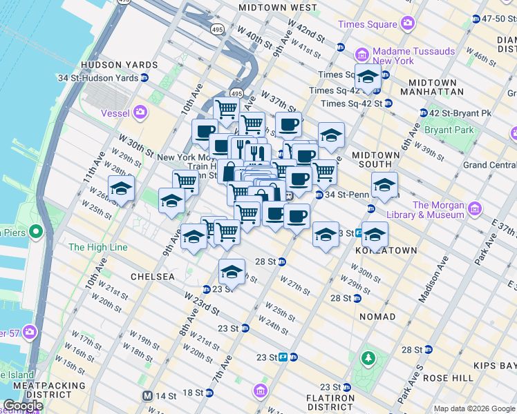 map of restaurants, bars, coffee shops, grocery stores, and more near 408 8th Avenue in New York