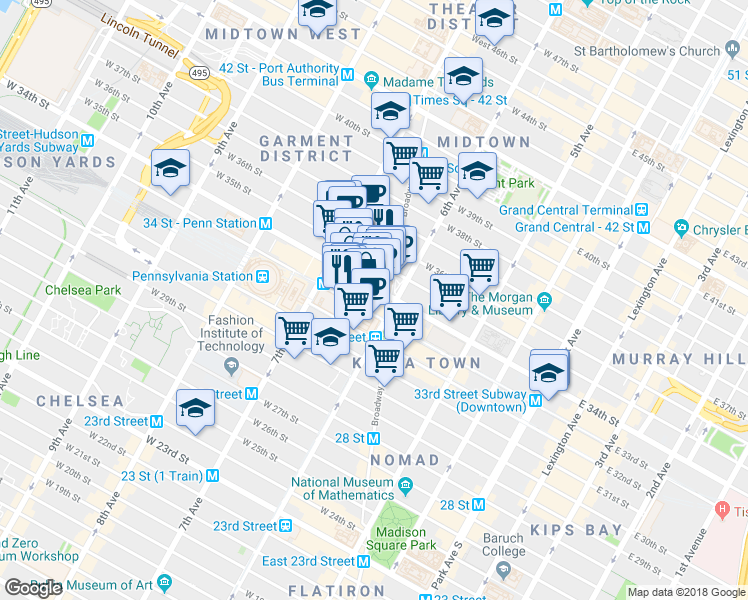 map of restaurants, bars, coffee shops, grocery stores, and more near 112 West 34th Street in New York