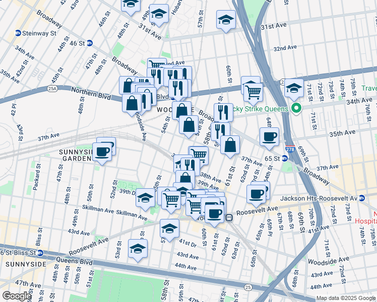 map of restaurants, bars, coffee shops, grocery stores, and more near 55-14 37th Avenue in Queens