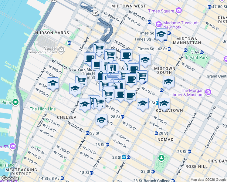 map of restaurants, bars, coffee shops, grocery stores, and more near 408 8th Avenue in New York