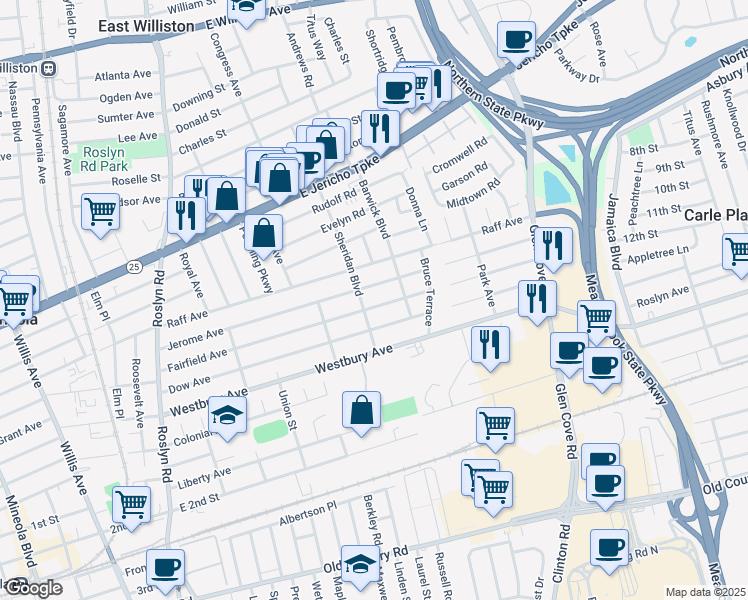 map of restaurants, bars, coffee shops, grocery stores, and more near 160 Sheridan Boulevard in Mineola