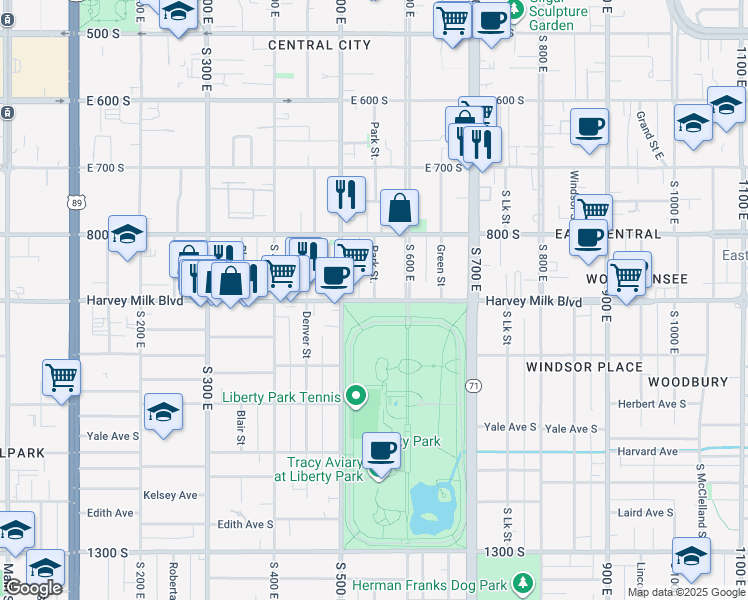 map of restaurants, bars, coffee shops, grocery stores, and more near 915 Park Row Street in Salt Lake City