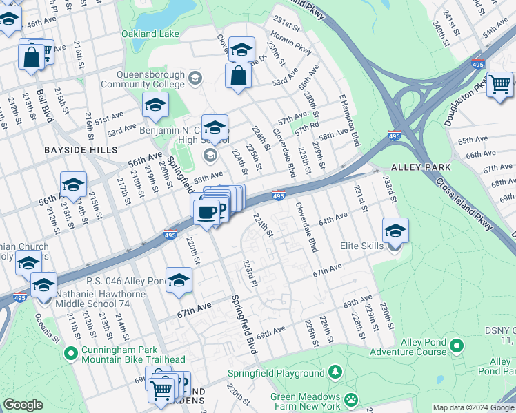map of restaurants, bars, coffee shops, grocery stores, and more near 6101 224th Street in Queens