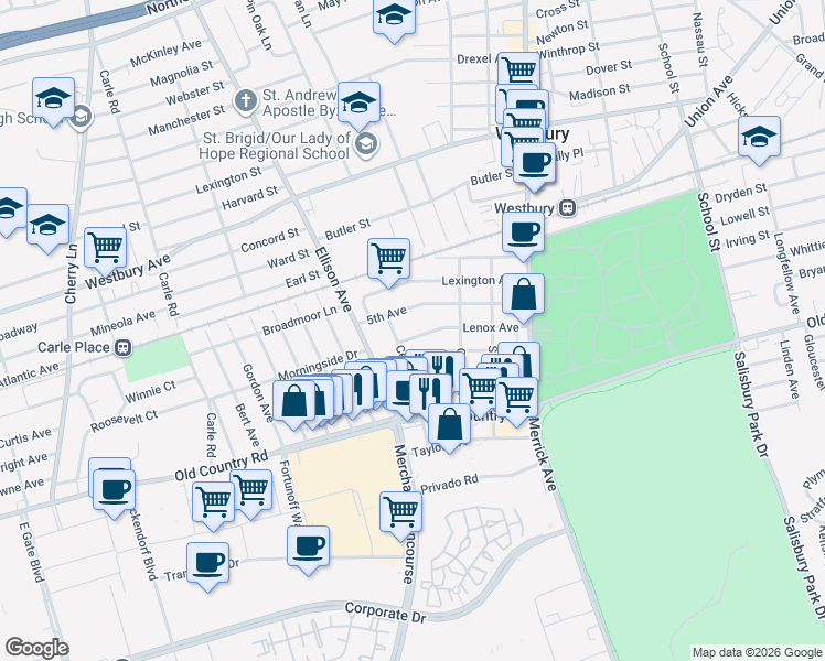 map of restaurants, bars, coffee shops, grocery stores, and more near 21 5th Avenue in Westbury