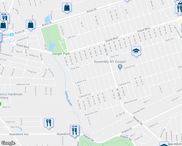 map of restaurants, bars, coffee shops, grocery stores, and more near 204 West 20th Street in Deer Park