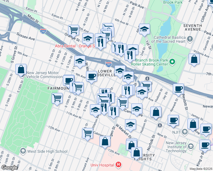 map of restaurants, bars, coffee shops, grocery stores, and more near 5th Street in Newark