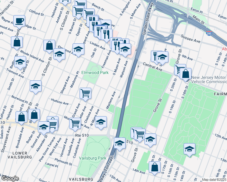 map of restaurants, bars, coffee shops, grocery stores, and more near 91 Watson Avenue in East Orange