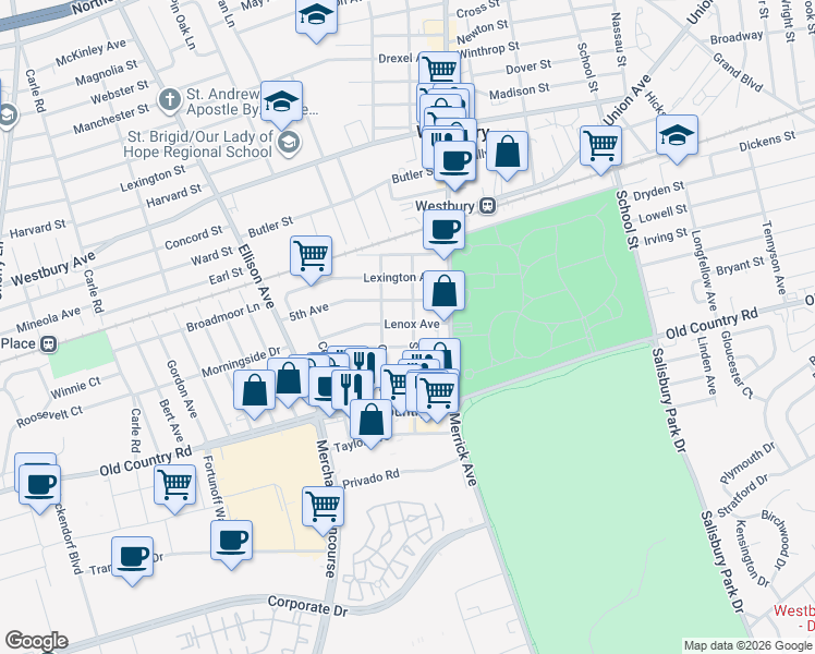 map of restaurants, bars, coffee shops, grocery stores, and more near 80 5th Avenue in Westbury
