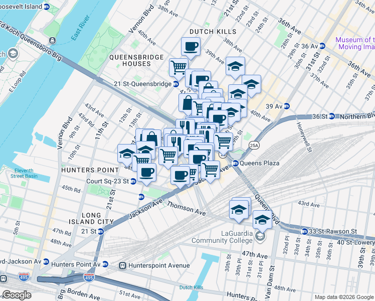 map of restaurants, bars, coffee shops, grocery stores, and more near 27-03 42nd Road in Queens