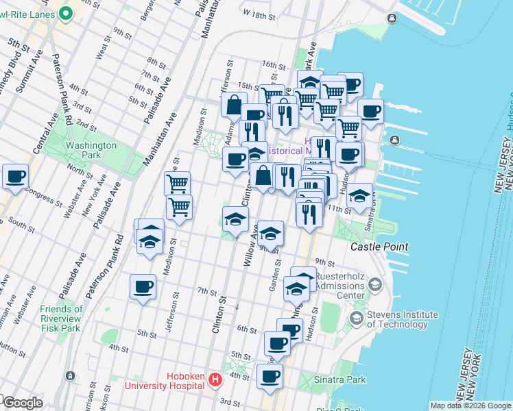 map of restaurants, bars, coffee shops, grocery stores, and more near 315 11th Street in Hoboken