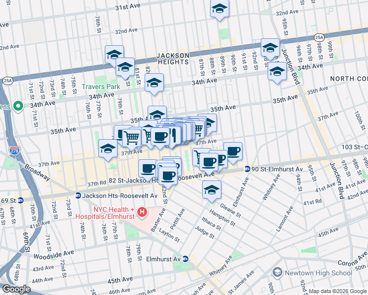 map of restaurants, bars, coffee shops, grocery stores, and more near 84-06 37th Avenue in Queens