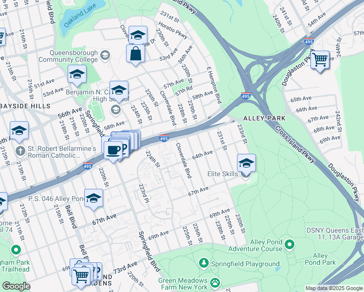 map of restaurants, bars, coffee shops, grocery stores, and more near 61-17 Cloverdale Boulevard in Queens