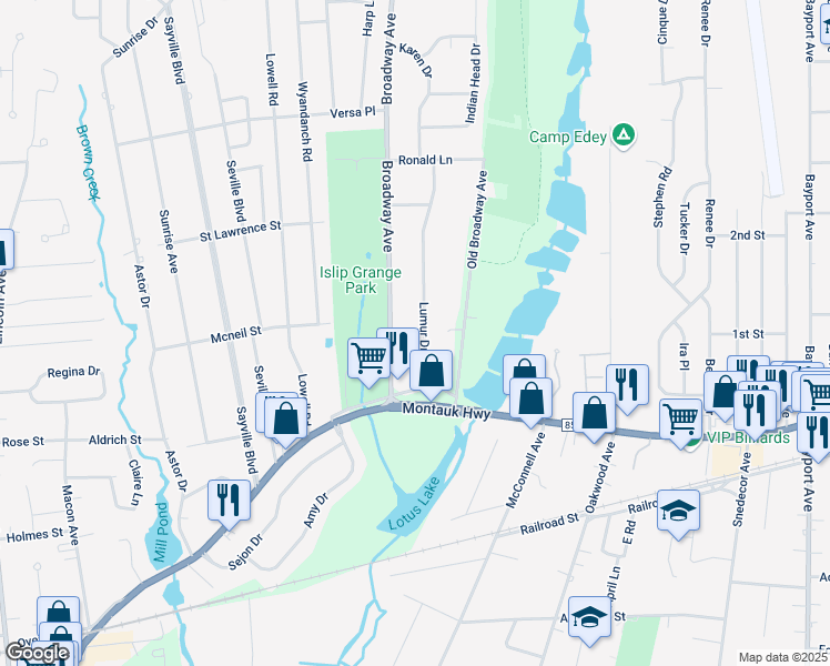 map of restaurants, bars, coffee shops, grocery stores, and more near 57 Broadway Avenue in Sayville