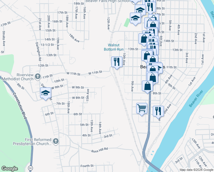 map of restaurants, bars, coffee shops, grocery stores, and more near 1213 10th Street in Beaver Falls