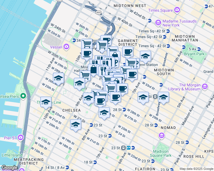 map of restaurants, bars, coffee shops, grocery stores, and more near 308 West 30th Street in New York