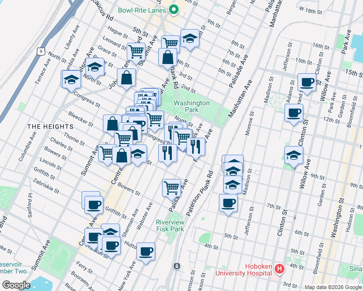 map of restaurants, bars, coffee shops, grocery stores, and more near 334 Webster Avenue in Jersey City