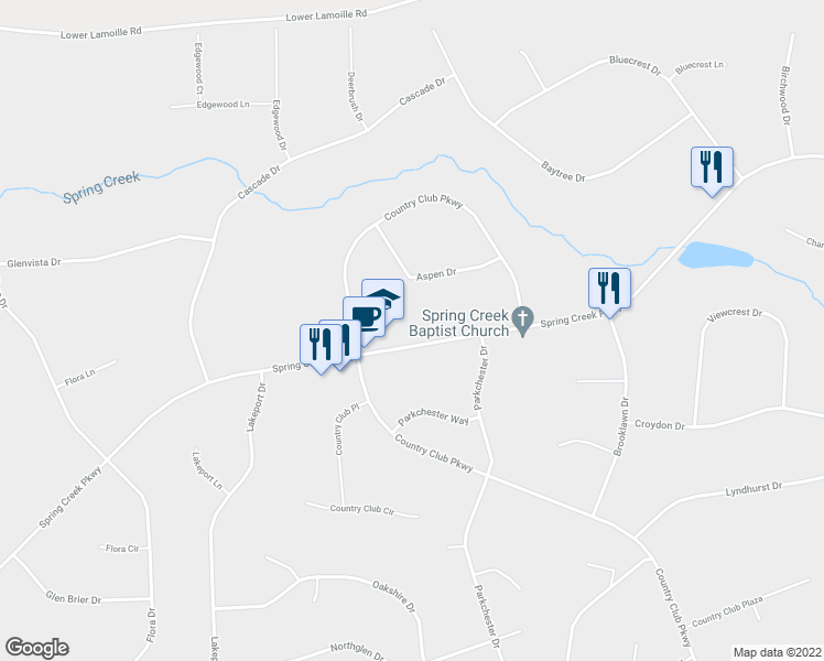 map of restaurants, bars, coffee shops, grocery stores, and more near 303 Spring Creek Parkway in Spring Creek