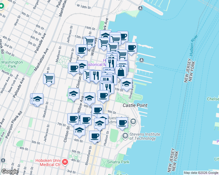 map of restaurants, bars, coffee shops, grocery stores, and more near Washington Street & 11th Street in Hoboken