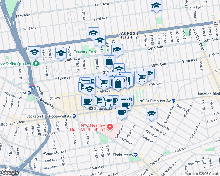 map of restaurants, bars, coffee shops, grocery stores, and more near 3550 81st Street in Queens