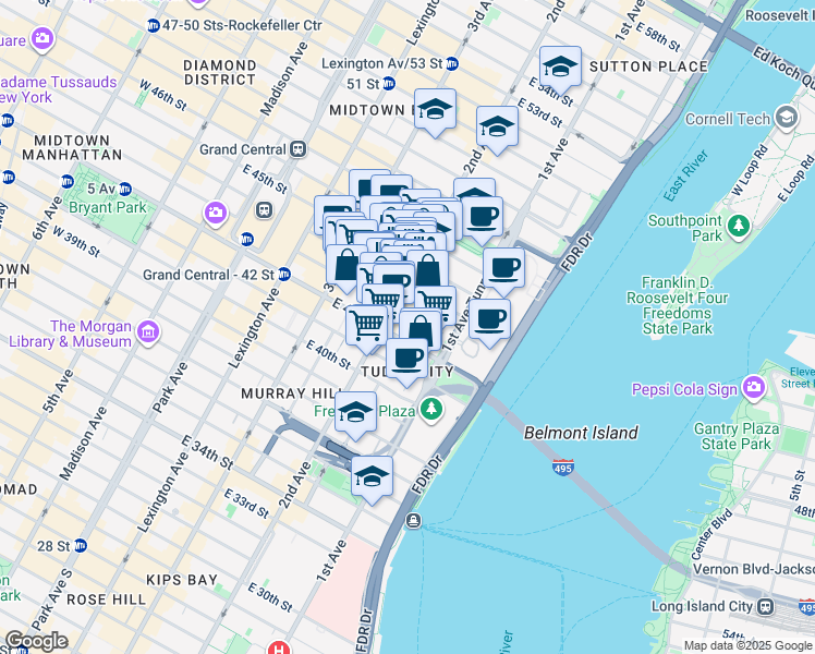 map of restaurants, bars, coffee shops, grocery stores, and more near 320 East 43rd Street in New York