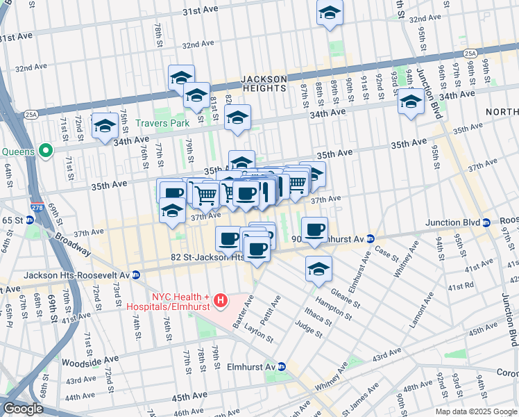 map of restaurants, bars, coffee shops, grocery stores, and more near 37th Ave & 83rd St in Queens